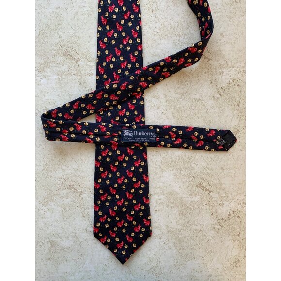 Burberrys Silk Tie With Red Fox & Yellow Flower Pattern Made In England - Picture 3 of 7